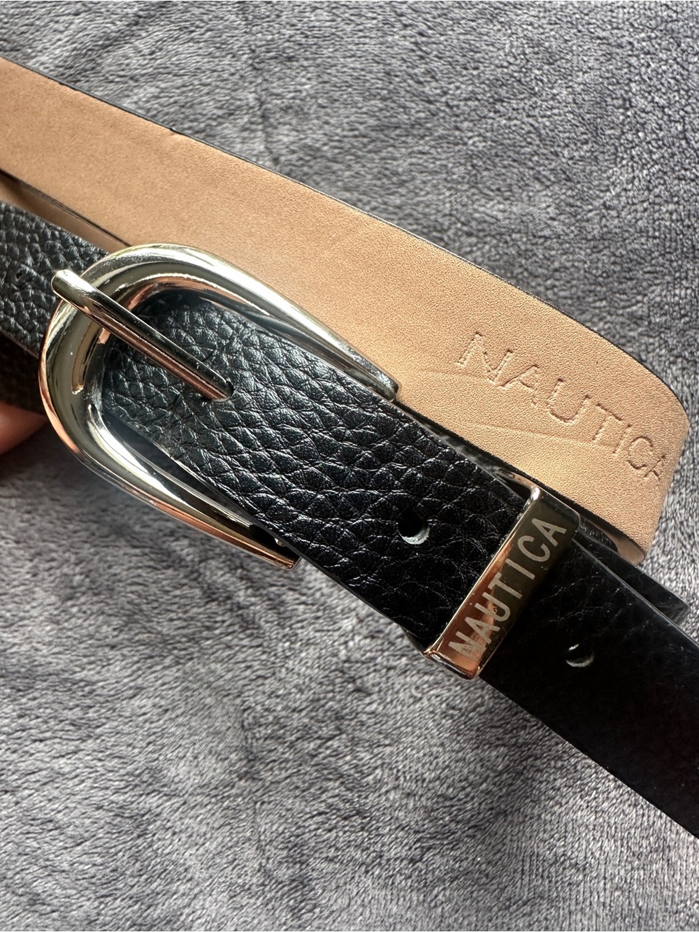Nautica Black Pebbled Leather Belt with Silver Buckle and Branded Keeper
